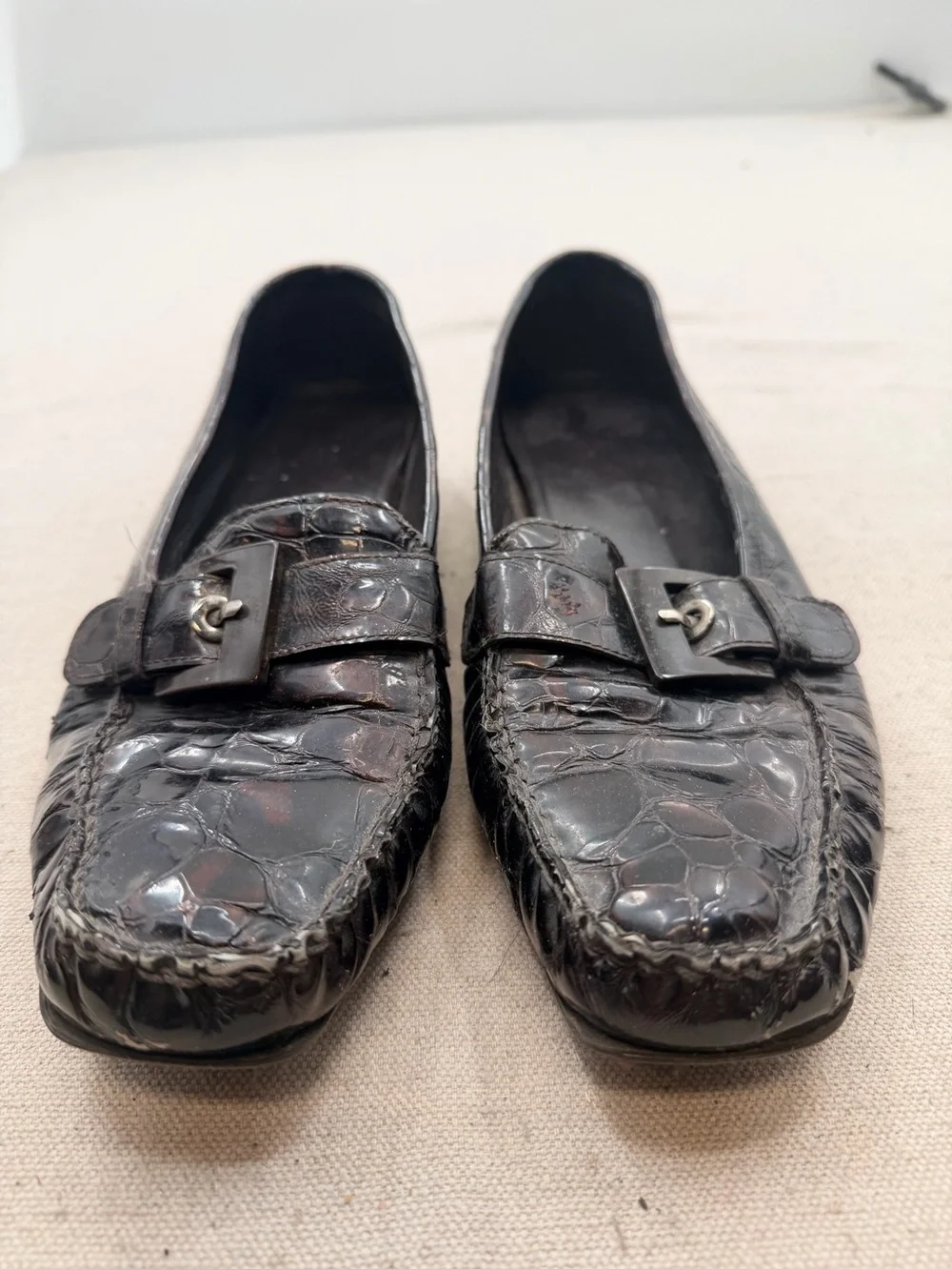 Stuart Weitzman Brown Croc-Embossed Leather Loafers with Buckle